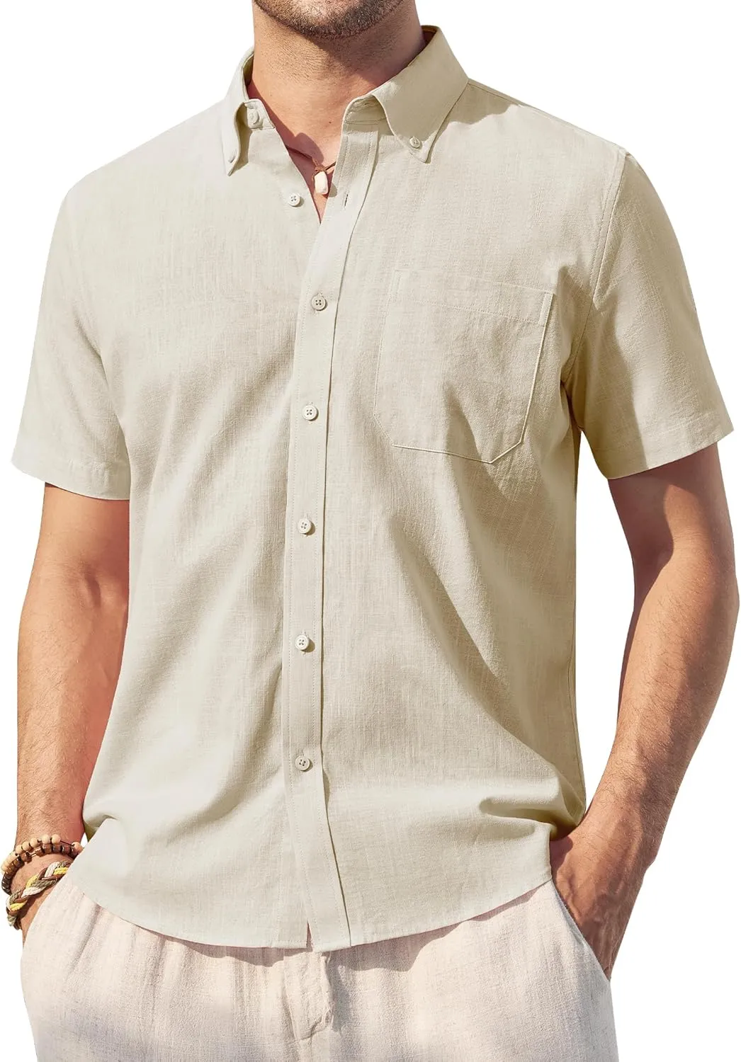 Alimens & Gentle Mens Linen Shirt Short Sleeve Casual Cotton Button Down Shirts Collared Summer Beach Shirts