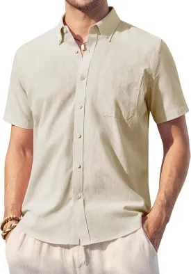 Alimens & Gentle Mens Linen Shirt Short Sleeve Casual Cotton Button Down Shirts Collared Summer Beach Shirts