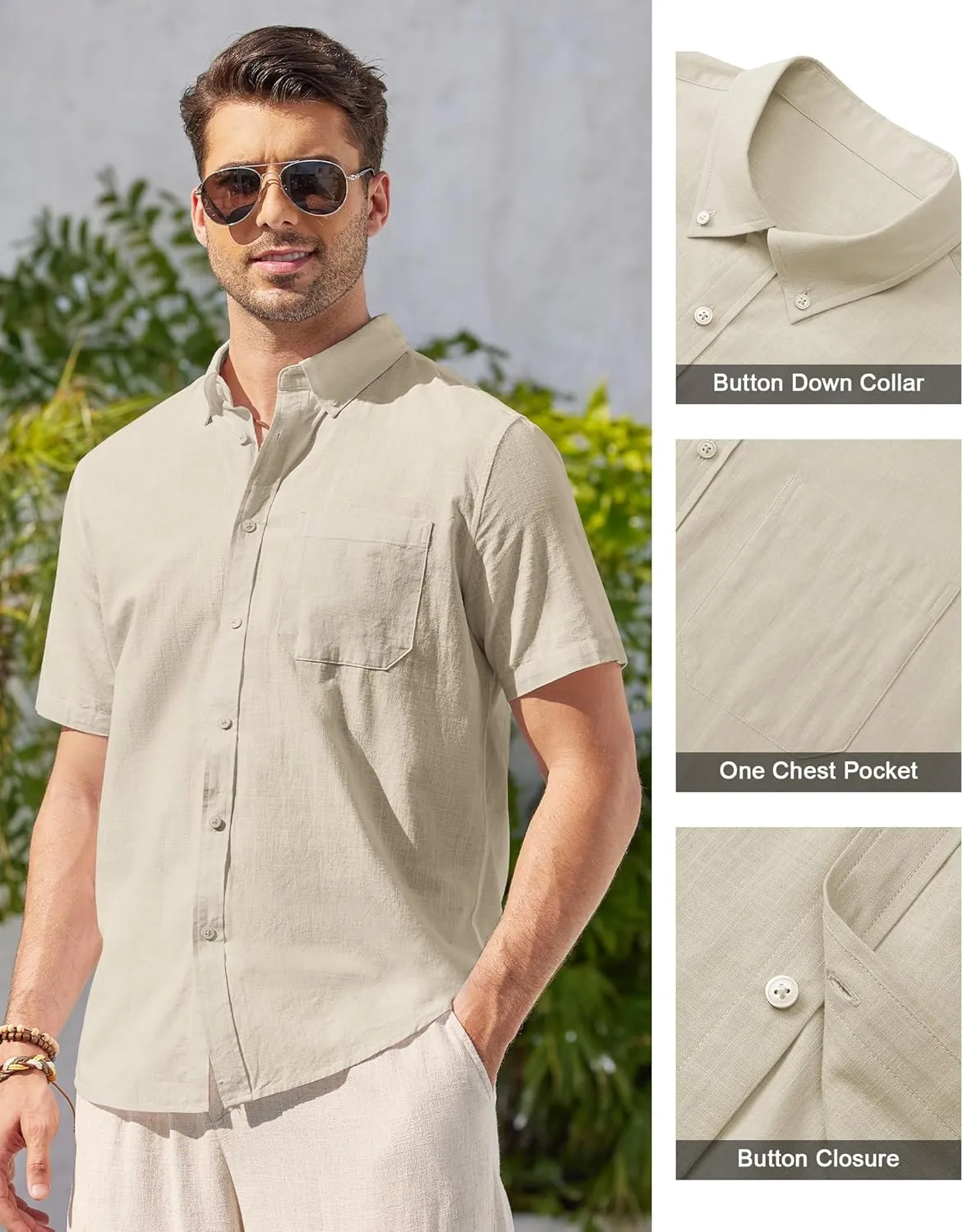Alimens & Gentle Mens Linen Shirt Short Sleeve Casual Cotton Button Down Shirts Collared Summer Beach Shirts