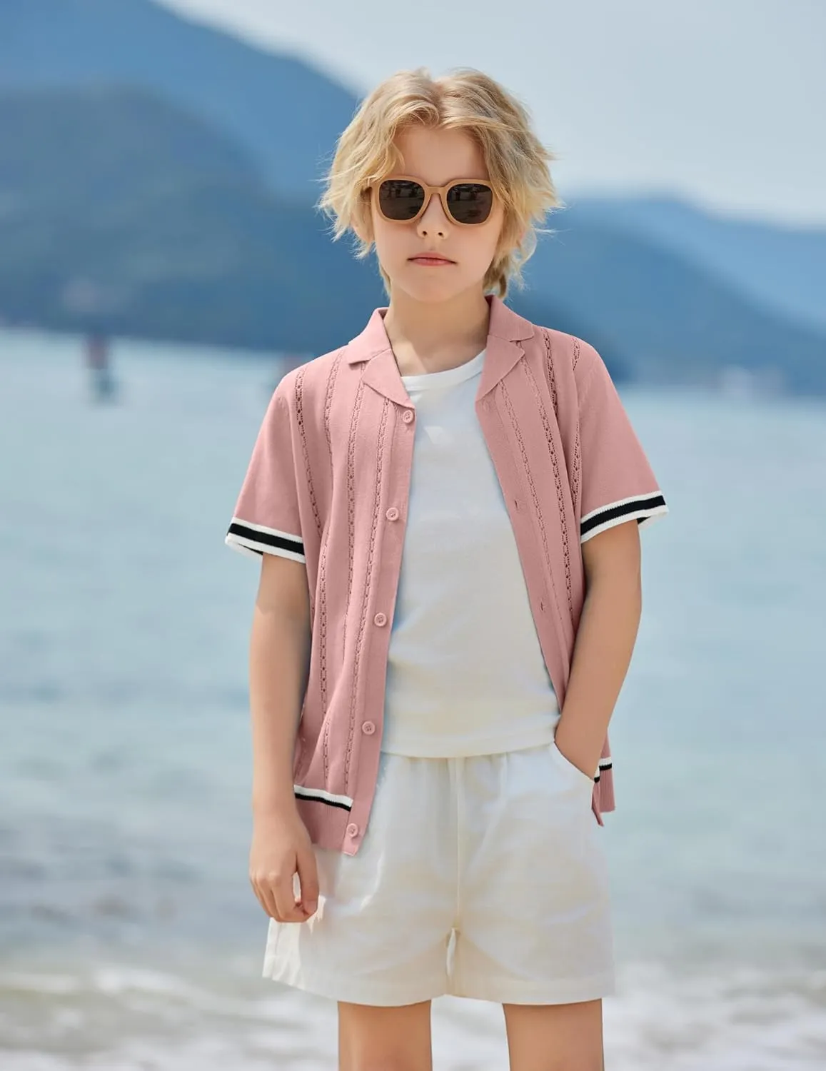 Arshiner Boys Knit Shirts Short Sleeve Button Down Shirt Vintage Fashion Casual Summer Beach Shirts for Kids 5-13 Years