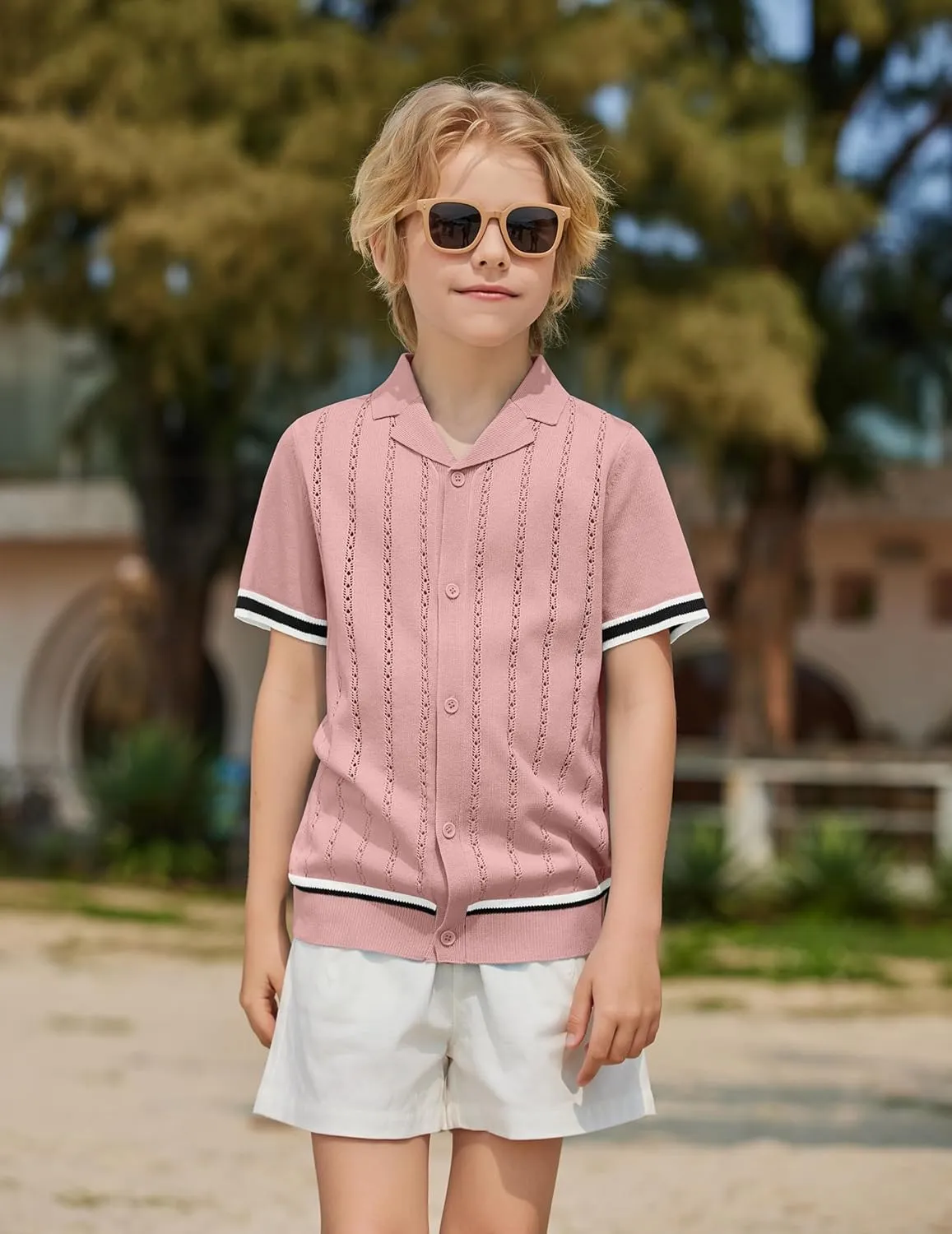 Arshiner Boys Knit Shirts Short Sleeve Button Down Shirt Vintage Fashion Casual Summer Beach Shirts for Kids 5-13 Years