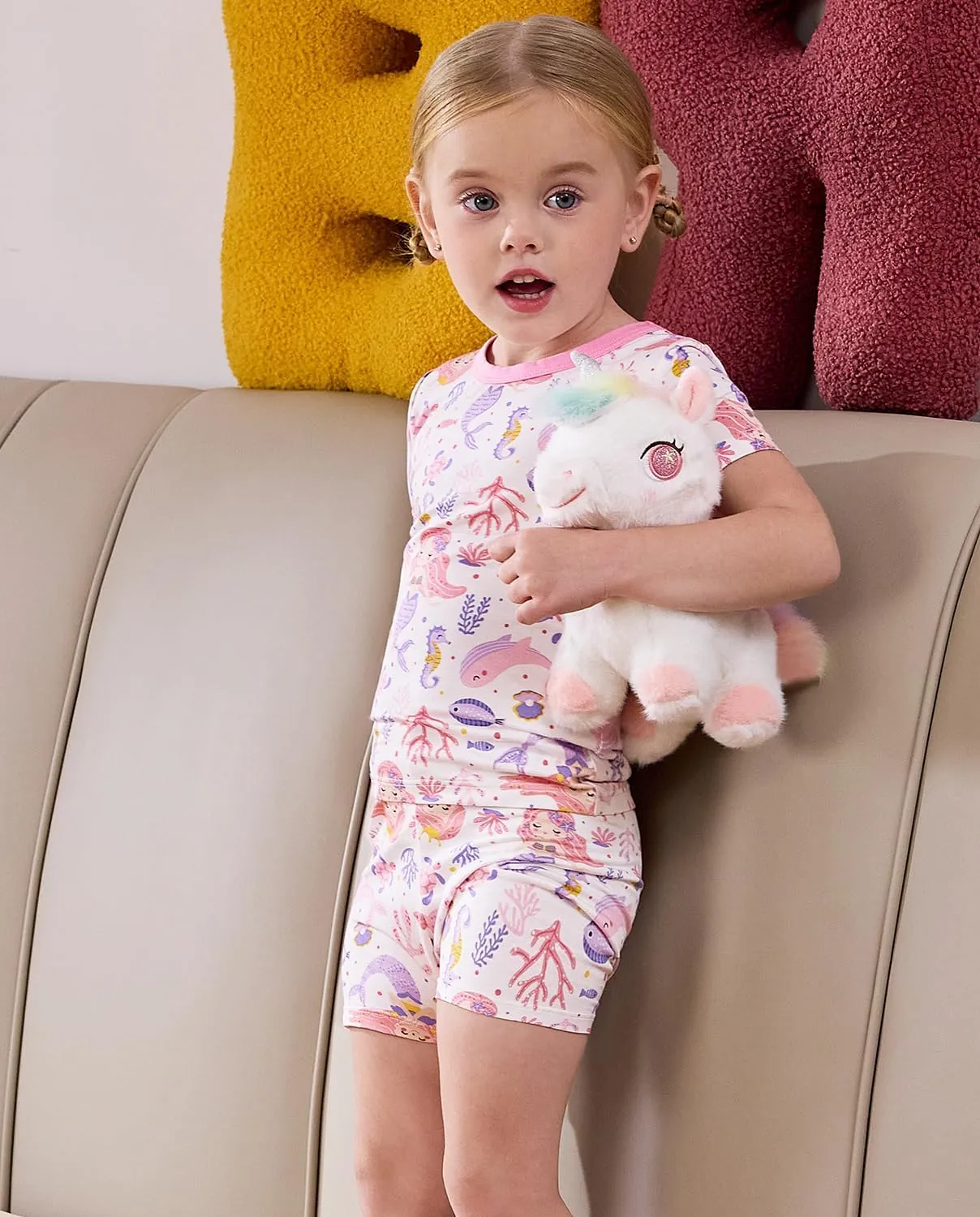 Bamboo Viscose Toddler Unicorn Mermaid Girls Kids Pajamas Short Sleeve Summer Cool Snug fit Pjs 12M-8Y 2pcs