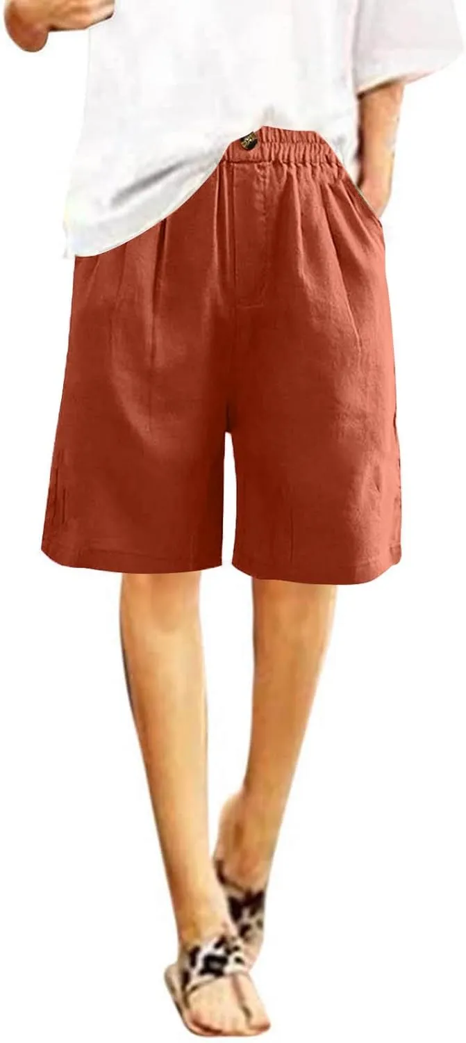Bermuda Shorts for Women 2025 Casual Mid Rise Knee Length Wide Leg Comfy Long Linen Shorts with Pocket