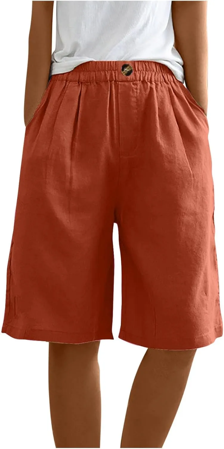 Bermuda Shorts for Women 2025 Casual Mid Rise Knee Length Wide Leg Comfy Long Linen Shorts with Pocket