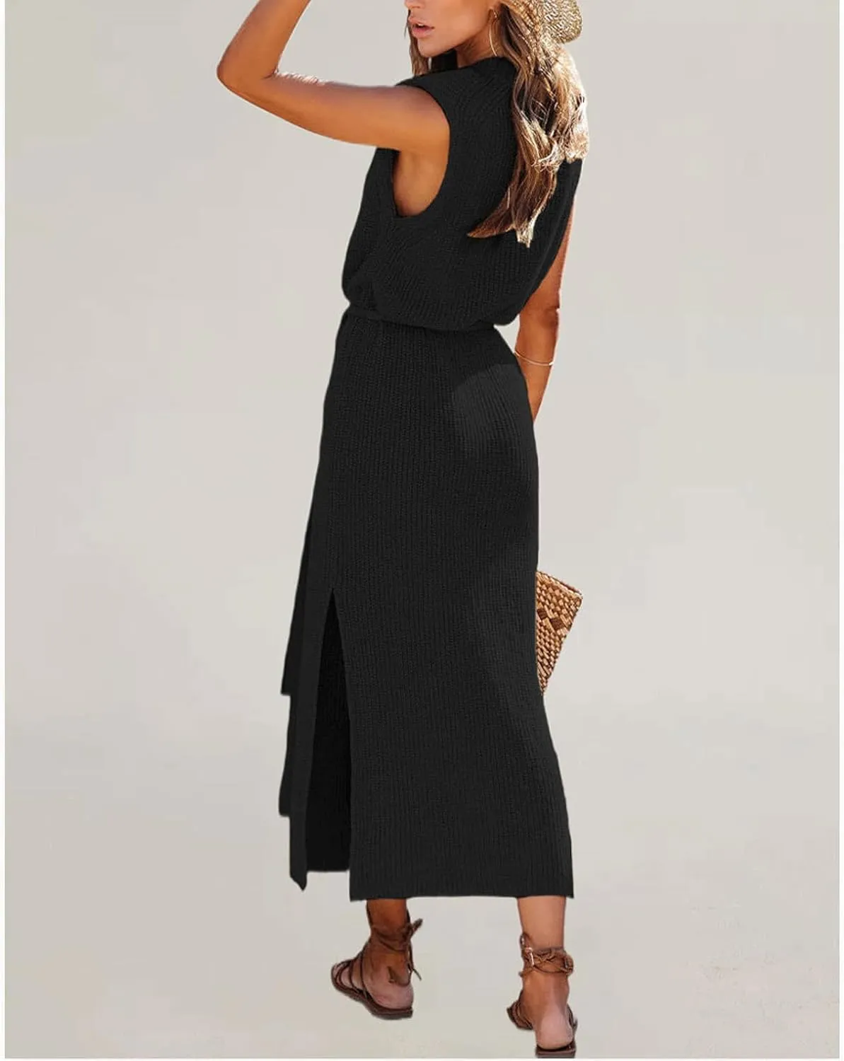 CHARTOU Women's Crew Neck Ribbed Knit Dress Sleeveless Double Side Slit Midi Long Dresses Dress with Belt
