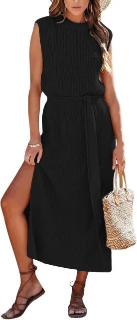 CHARTOU Women's Crew Neck Ribbed Knit Dress Sleeveless Double Side Slit Midi Long Dresses Dress with Belt
