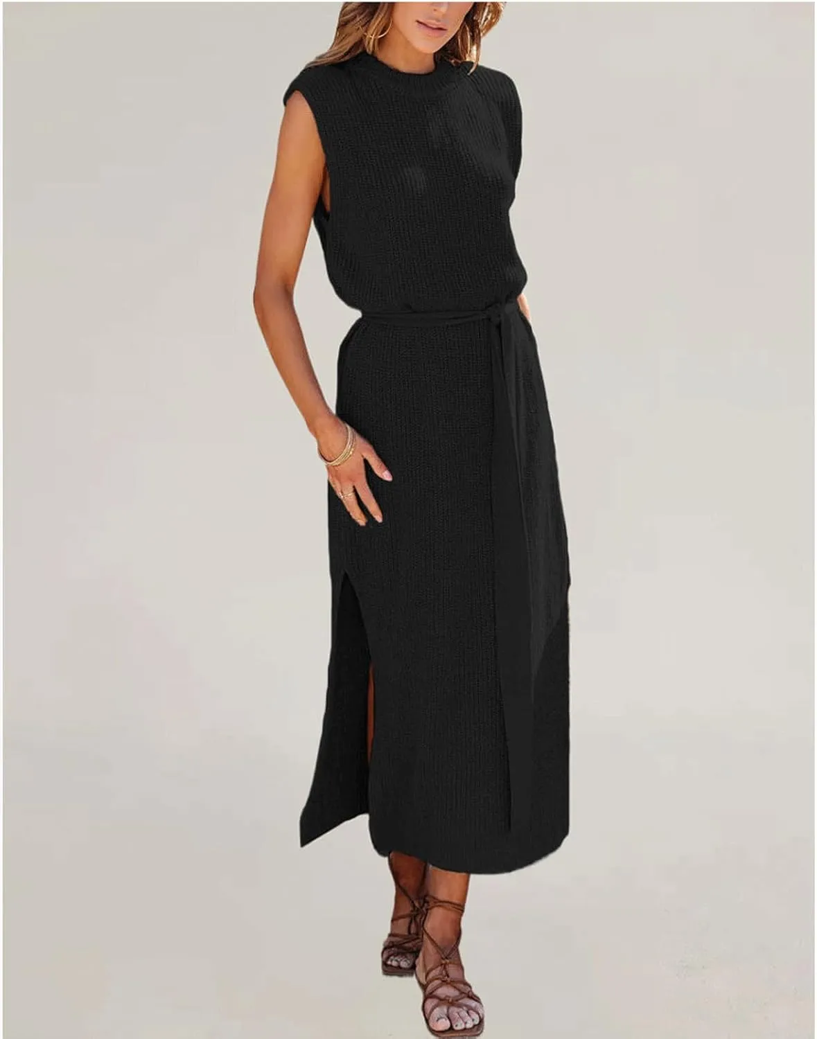 CHARTOU Women's Crew Neck Ribbed Knit Dress Sleeveless Double Side Slit Midi Long Dresses Dress with Belt
