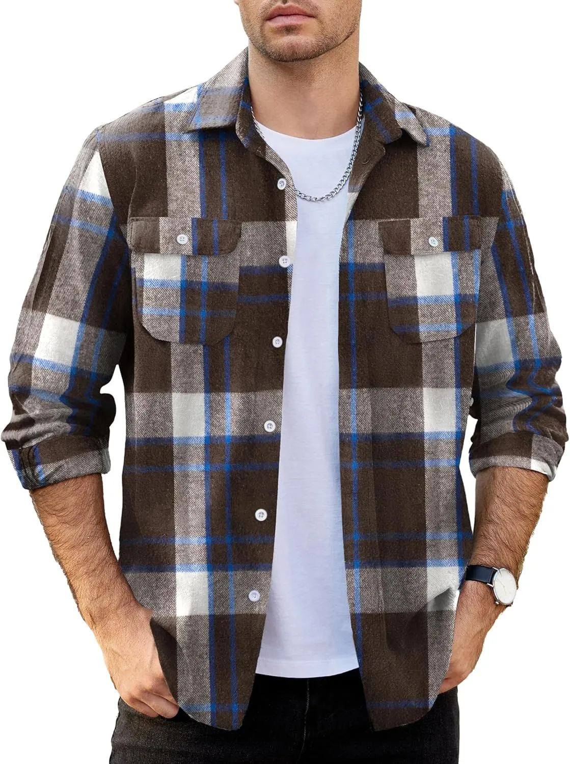 COOFANDY Mens Flannel Shirts Long Sleeve Plaid Shirt Jacket Button Down Shirt with Pockets