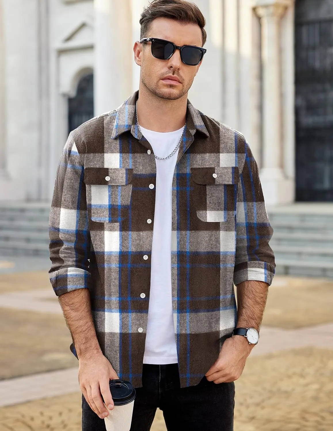 COOFANDY Mens Flannel Shirts Long Sleeve Plaid Shirt Jacket Button Down Shirt with Pockets