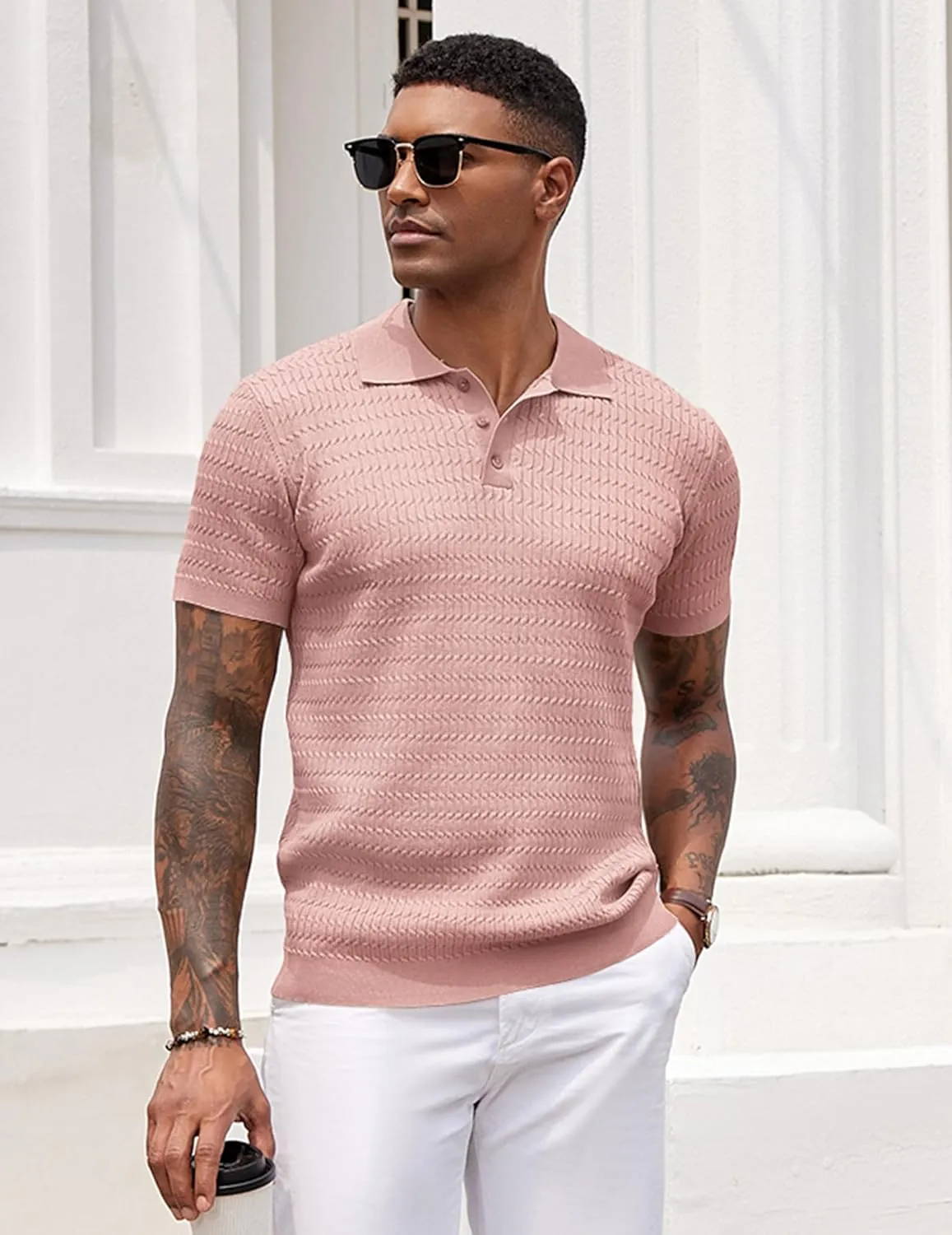 COOFANDY Mens Knit Polo Shirt Short Sleeve Vintage Textured Casual Golf Shirts Summer Beach Top