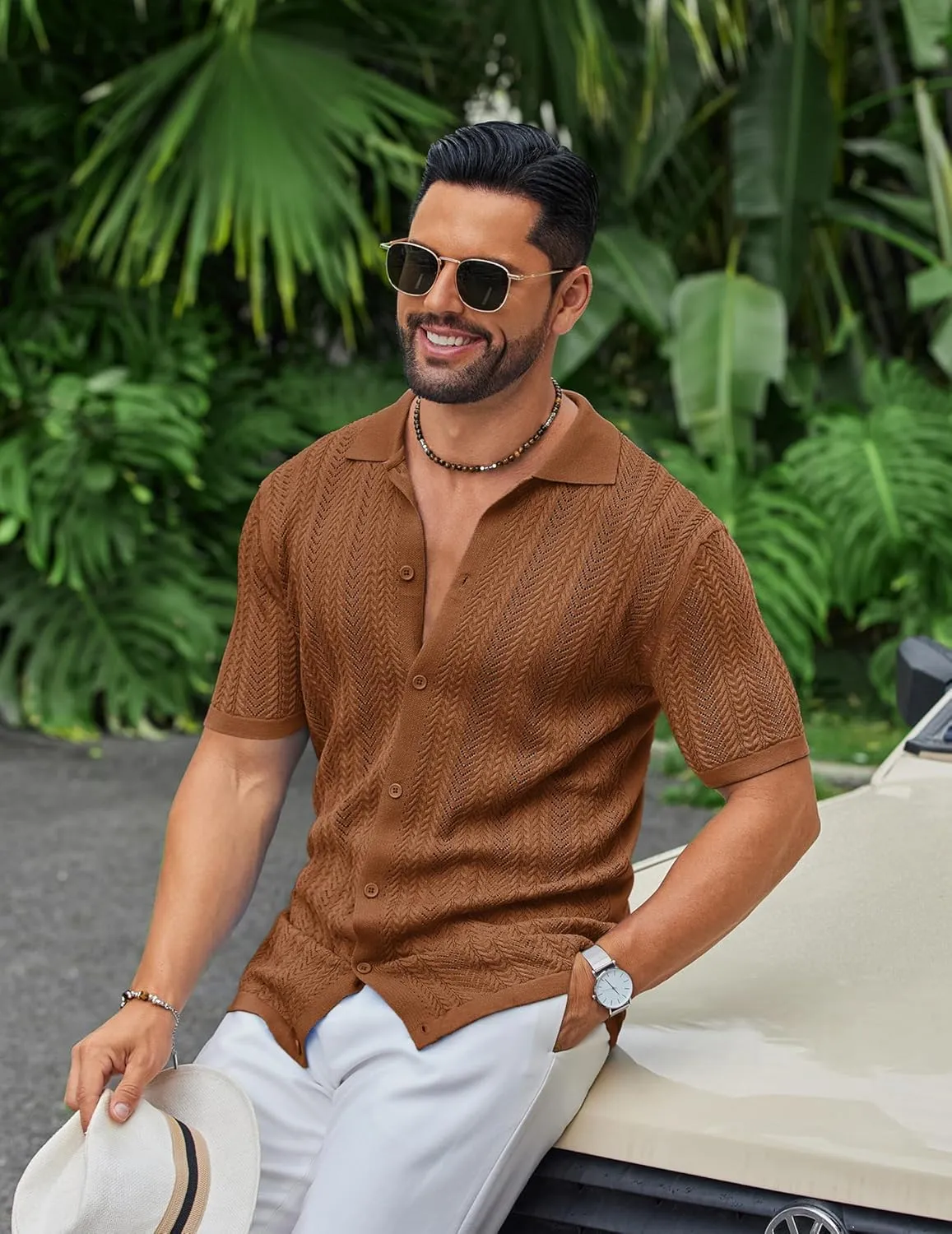 COOFANDY Mens Knit Shirt 2025 Short Sleeve Casual Button Down Shirt Summer Beach Vacation Shirts