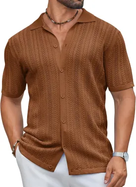 COOFANDY Mens Knit Shirt 2025 Short Sleeve Casual Button Down Shirt Summer Beach Vacation Shirts
