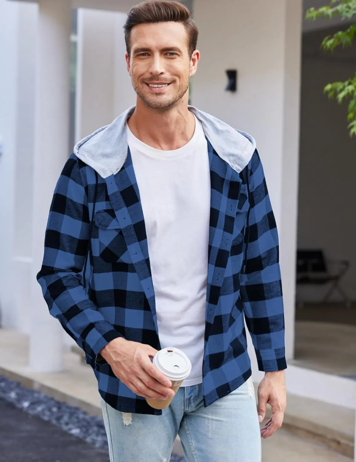 COOFANDY Men's Plaid Hoodie Flannel Shirt Jacket Long Sleeve Casual Fashion Button Shirts