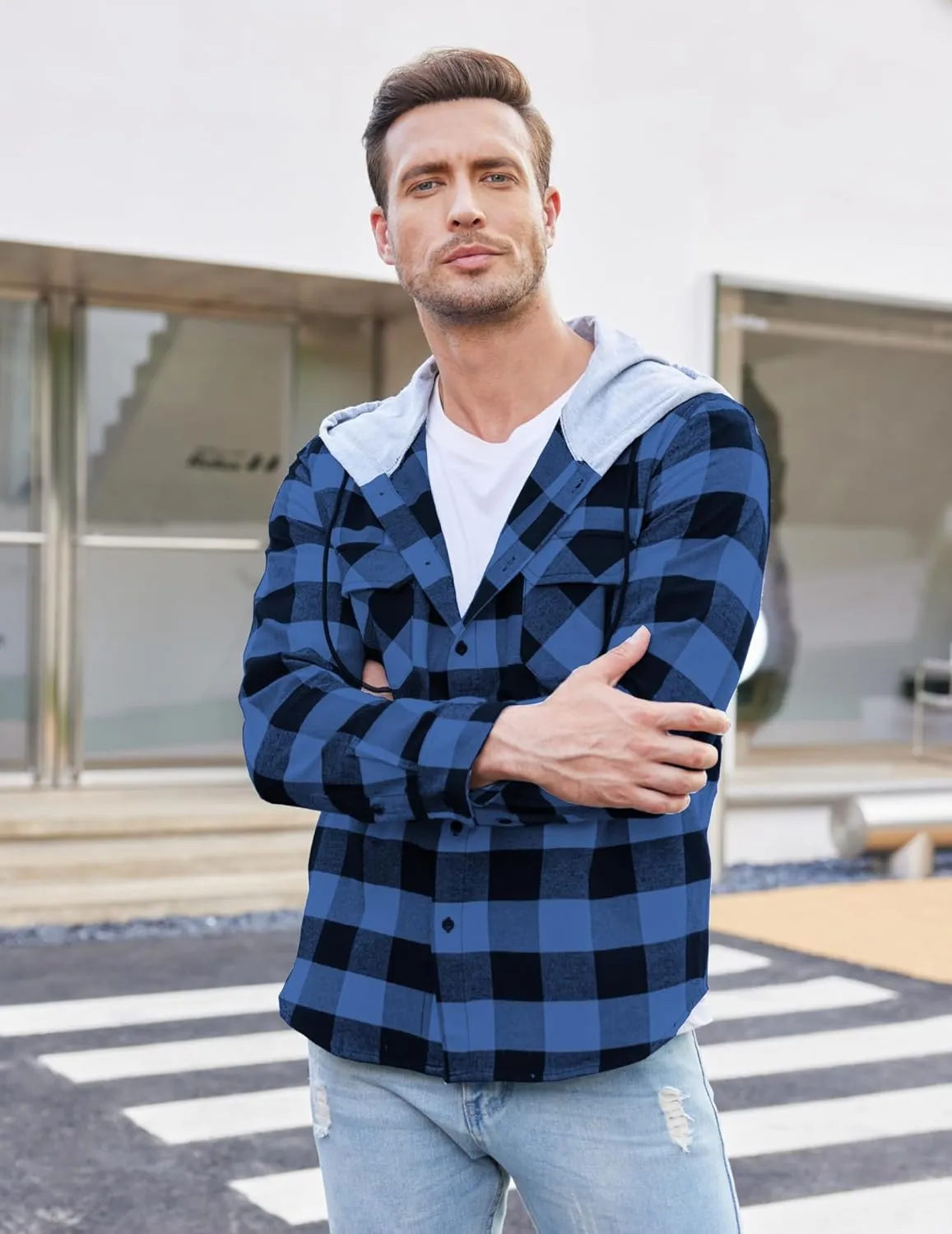 COOFANDY Men's Plaid Hoodie Flannel Shirt Jacket Long Sleeve Casual Fashion Button Shirts