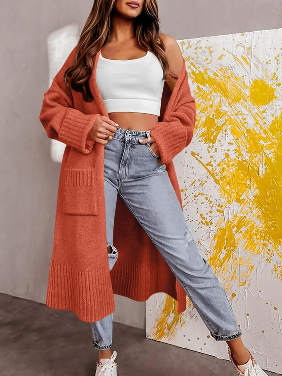 Danedvi Long Cardigan Sweaters for Women 2025 Fall Open Front Knit Oversized Cardigans Duster Coat with Pockets