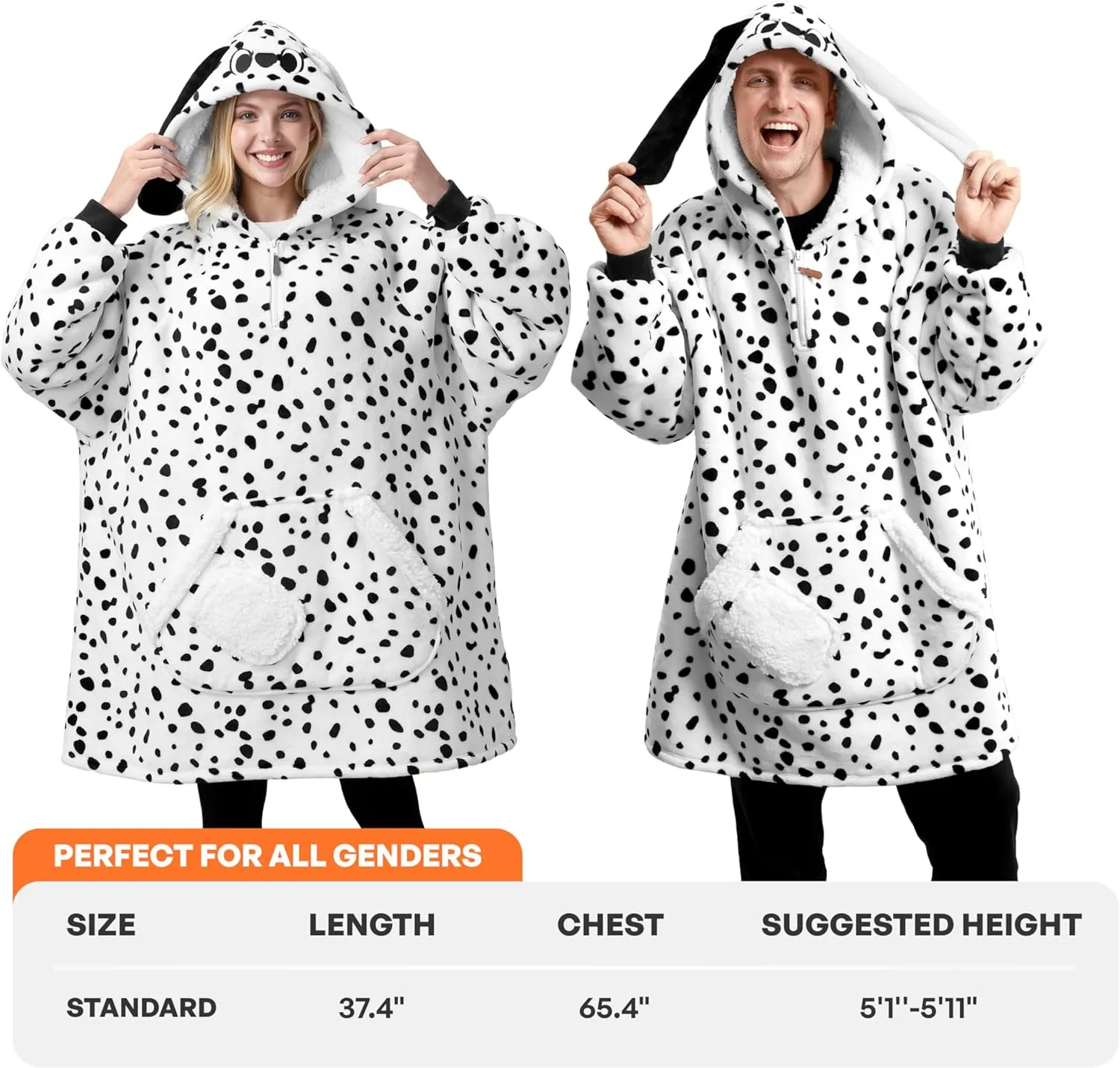 Giggling Getup Dalmatian Wearable Blanket Hoodie - Oversized Soft Sherpa Fleece Hooded Blanket - Warm Cozy Plush Flannel Blanket Sweatshirt Gifts - with Giant Pocket & Sleeves for Adults Women Men