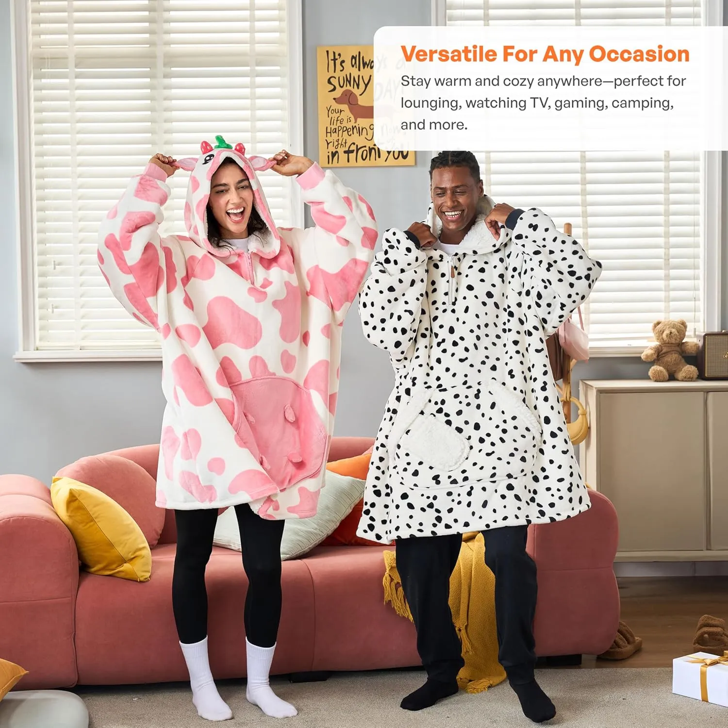 Giggling Getup Dalmatian Wearable Blanket Hoodie - Oversized Soft Sherpa Fleece Hooded Blanket - Warm Cozy Plush Flannel Blanket Sweatshirt Gifts - with Giant Pocket & Sleeves for Adults Women Men