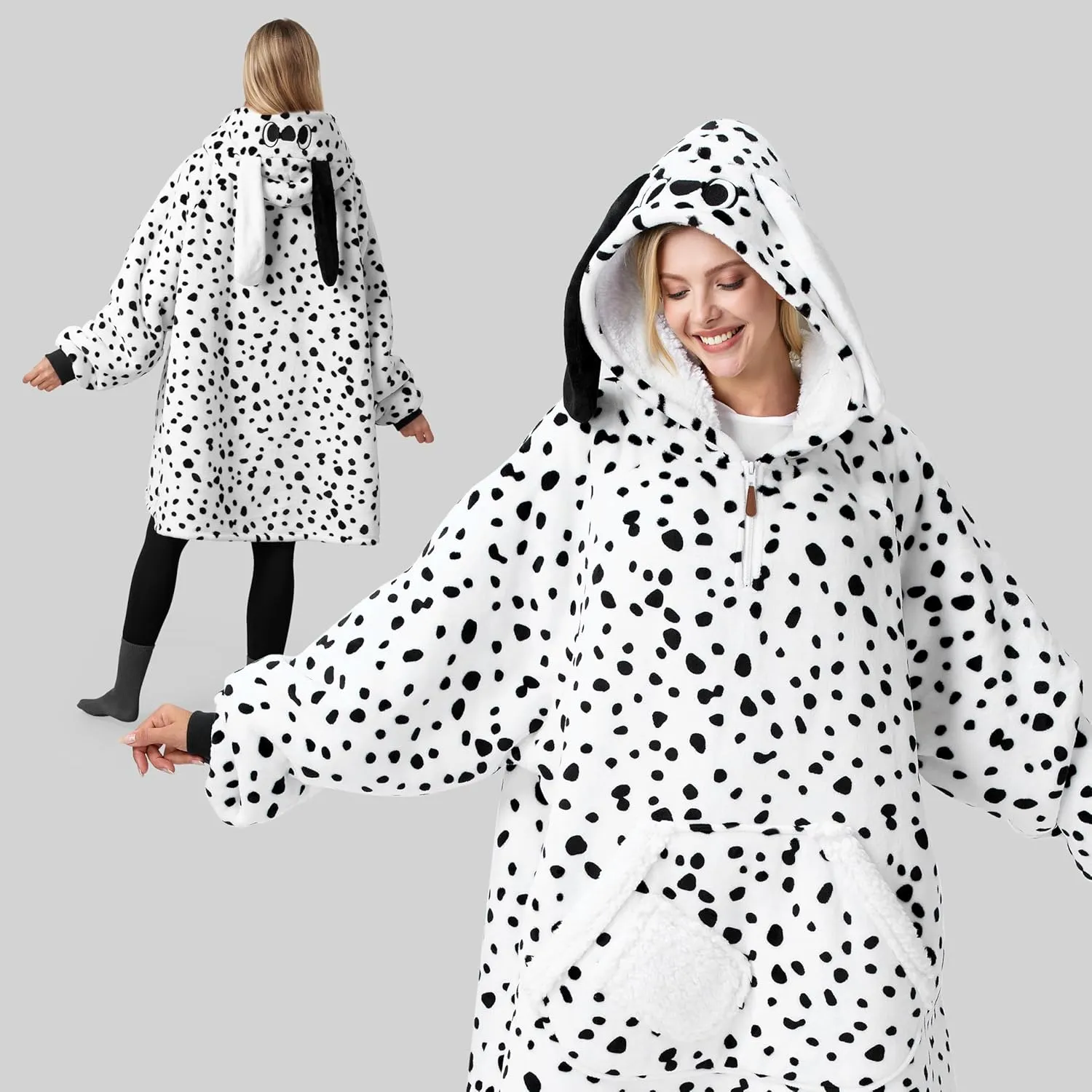 Giggling Getup Dalmatian Wearable Blanket Hoodie - Oversized Soft Sherpa Fleece Hooded Blanket - Warm Cozy Plush Flannel Blanket Sweatshirt Gifts - with Giant Pocket & Sleeves for Adults Women Men