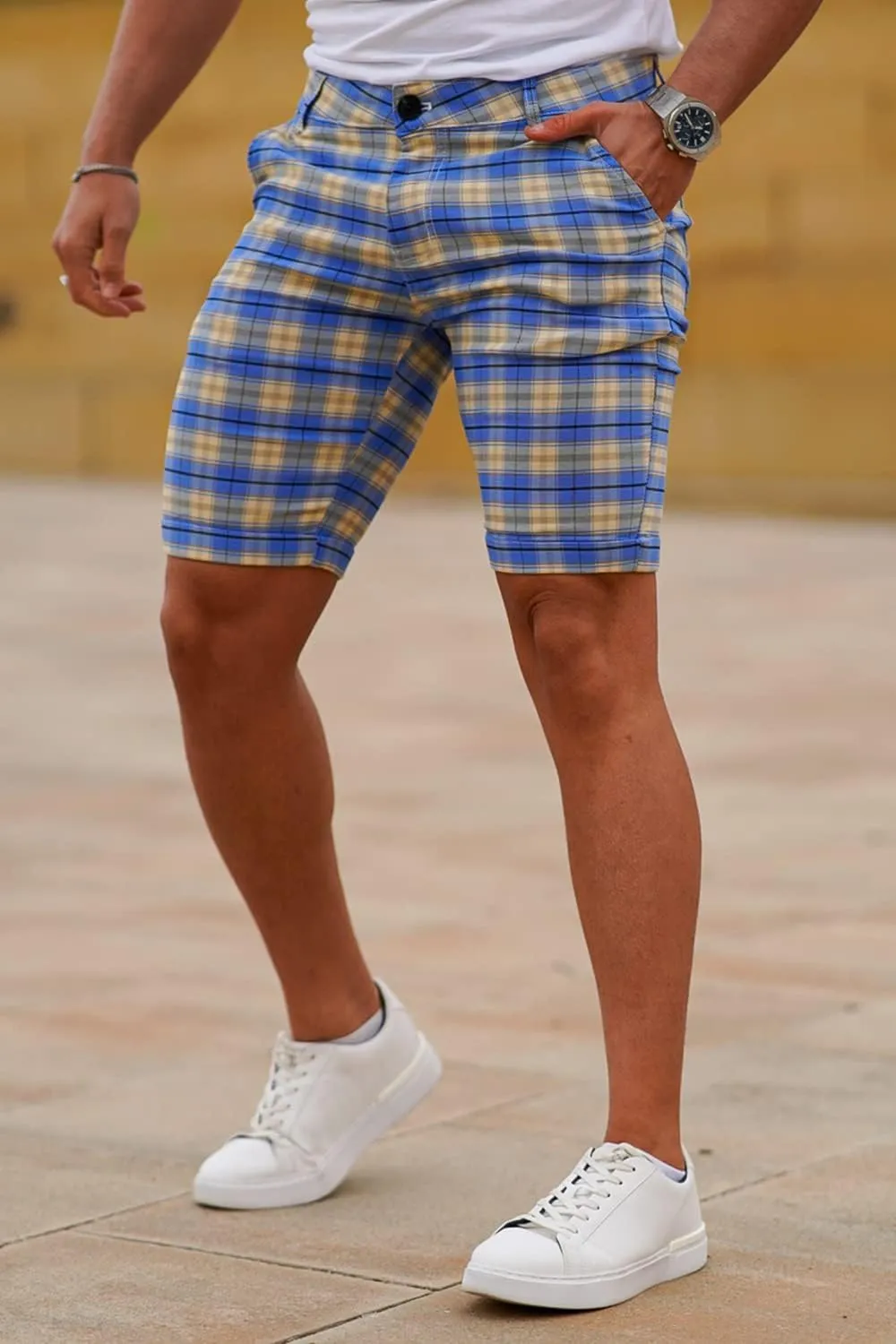 GINGTTO Mens Slim Fit Shorts Plaid Chino Short Tapered Leg Skinny Stretch