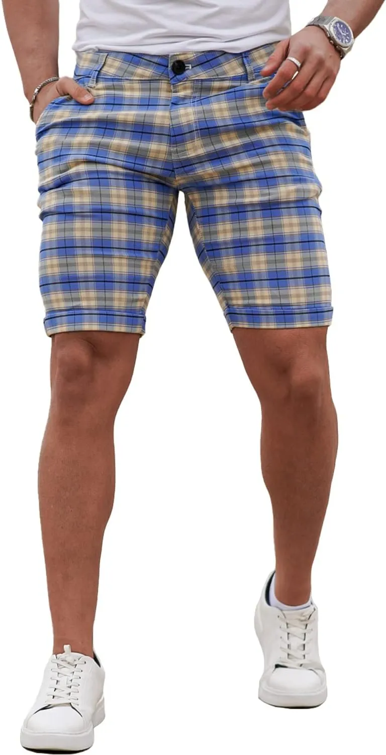 GINGTTO Mens Slim Fit Shorts Plaid Chino Short Tapered Leg Skinny Stretch