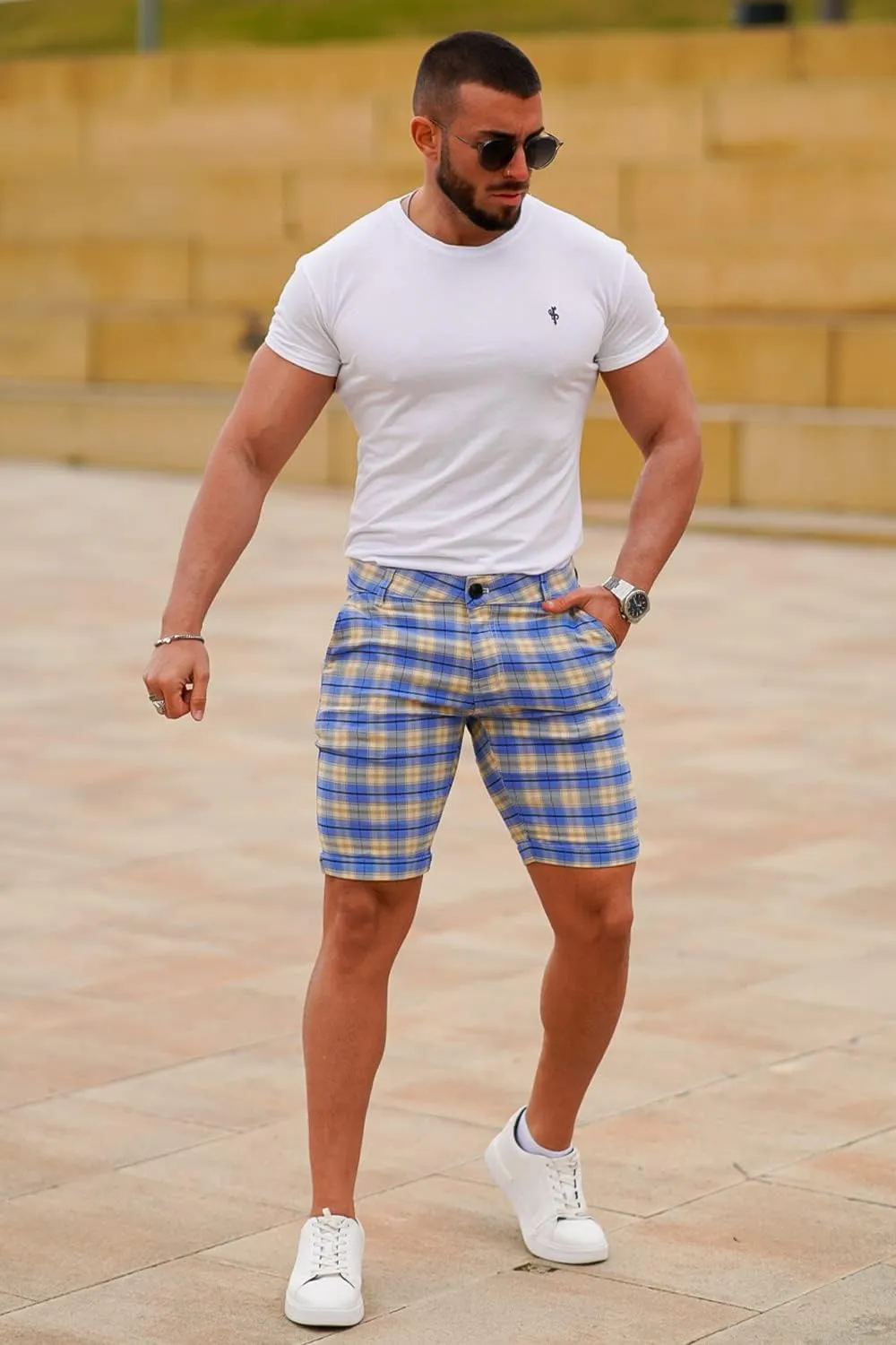 GINGTTO Mens Slim Fit Shorts Plaid Chino Short Tapered Leg Skinny Stretch