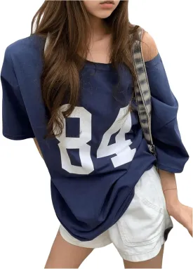 Girl's Off The Shoulder Tops Number Graphic Jersey Shirts Short Sleeve Oversized T Shirts Y2k Tops