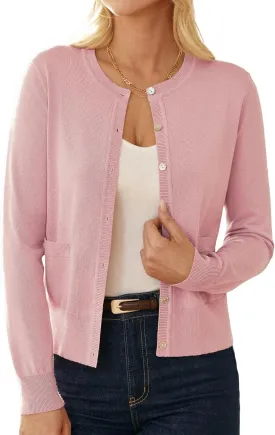 GRACE KARIN Women's Lightweight Cardigan Crew Neck Button Up Sweaters Long Sleeve Knit Cardigans with Pockets