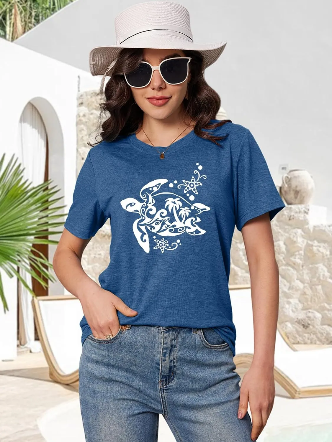 Graphic Tees for Women Vintage Sea Turtle T Shirts Hawaiian Beach Tshirts Summer Casual Short Sleeve Tops