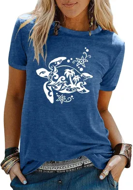 Graphic Tees for Women Vintage Sea Turtle T Shirts Hawaiian Beach Tshirts Summer Casual Short Sleeve Tops