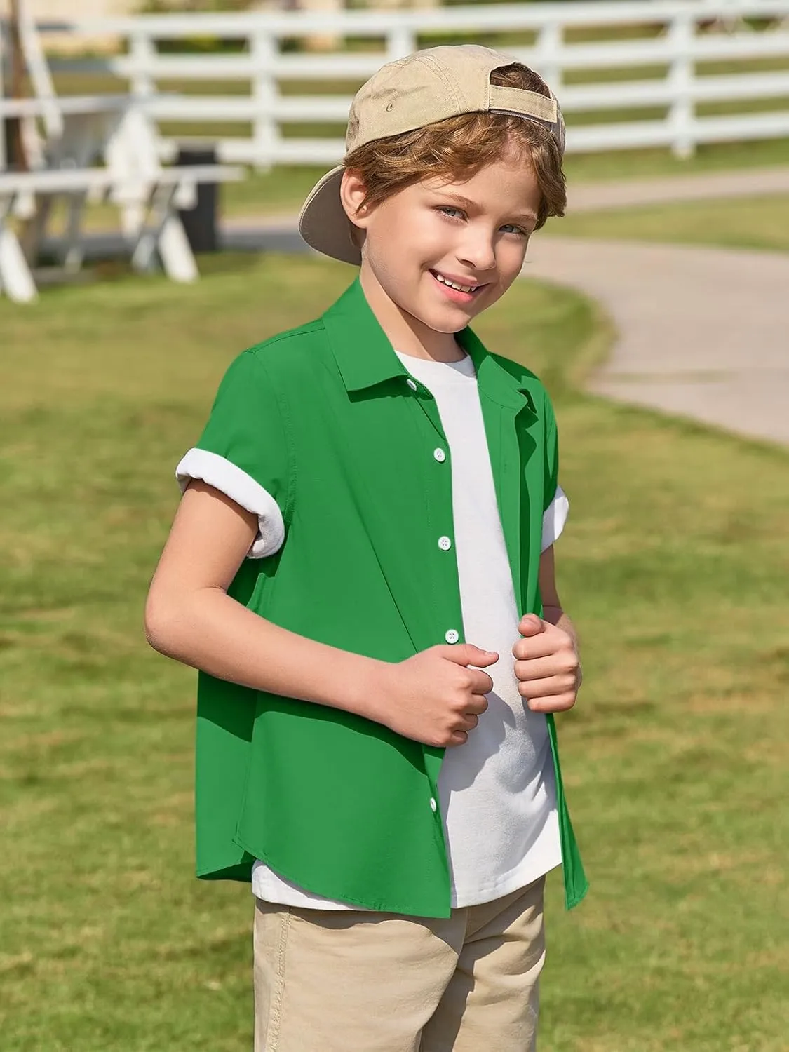 Haloumoning Boys Short Sleeve Dress Shirts Kids Summer School Uniform Button Down Shirt 5-14 Years
