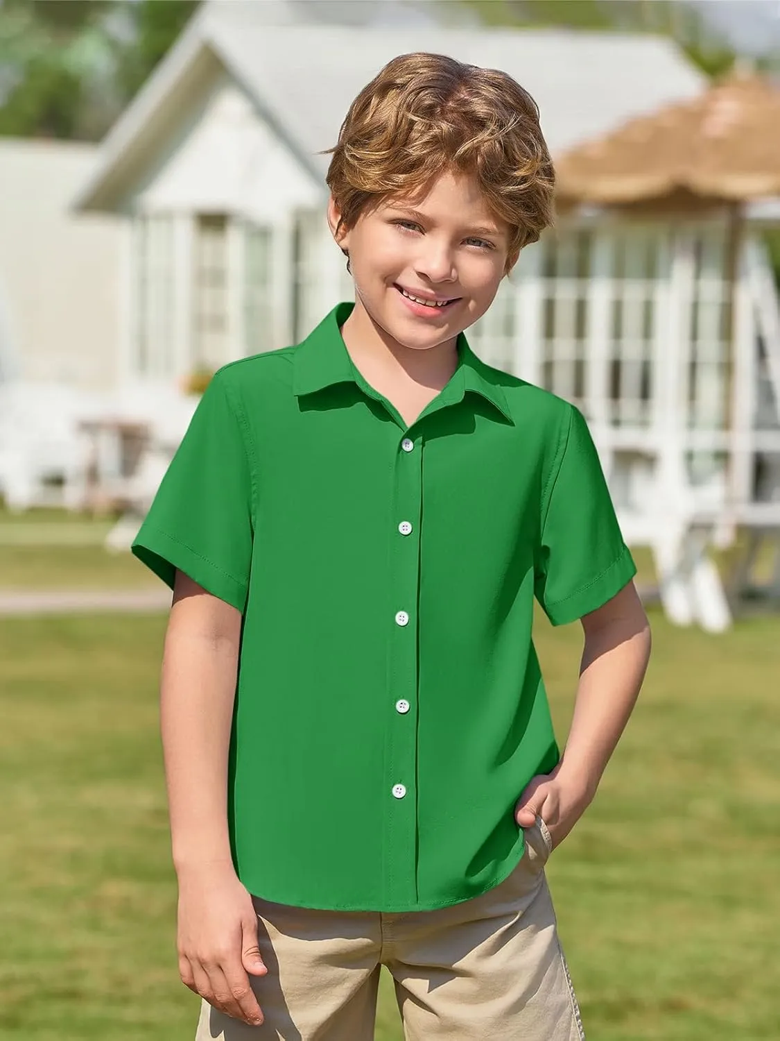 Haloumoning Boys Short Sleeve Dress Shirts Kids Summer School Uniform Button Down Shirt 5-14 Years