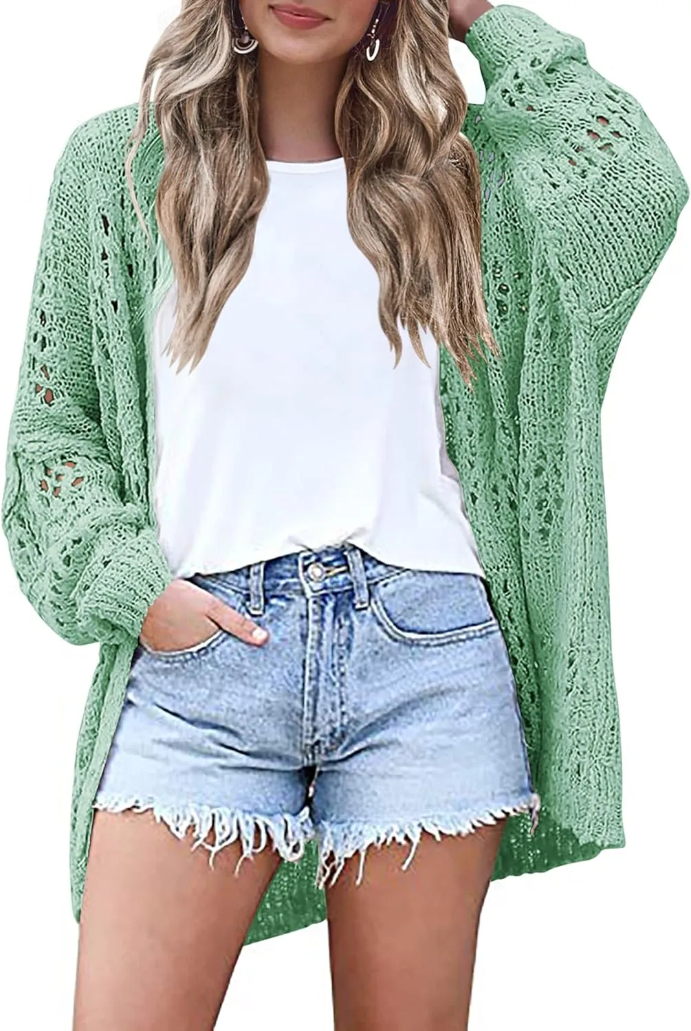 HOTOUCH Lightweight Crochet Cardigan for Women Long Sleeve Open Front Knit Oversized Cardigans Sweaters