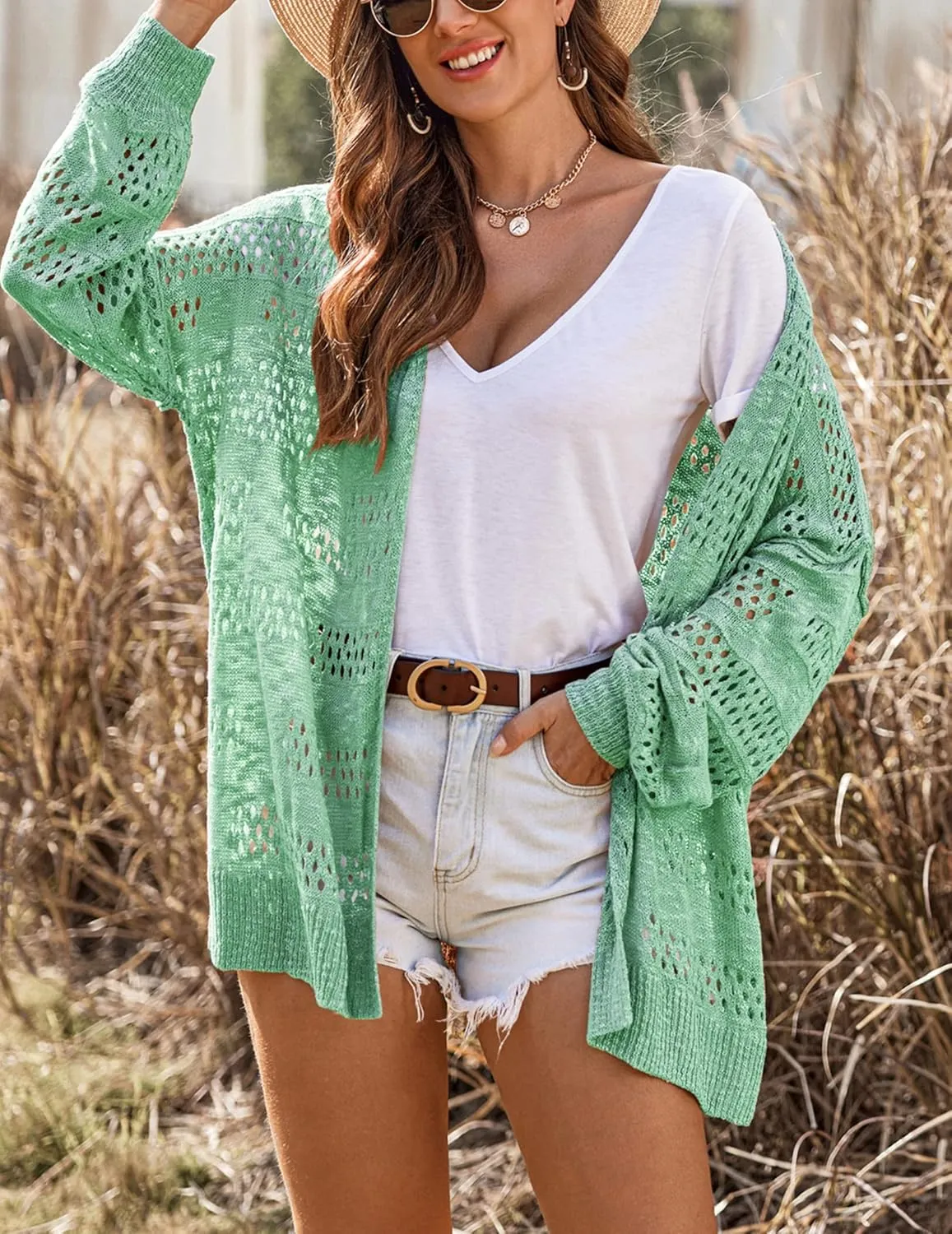 HOTOUCH Lightweight Crochet Cardigan for Women Long Sleeve Open Front Knit Oversized Cardigans Sweaters