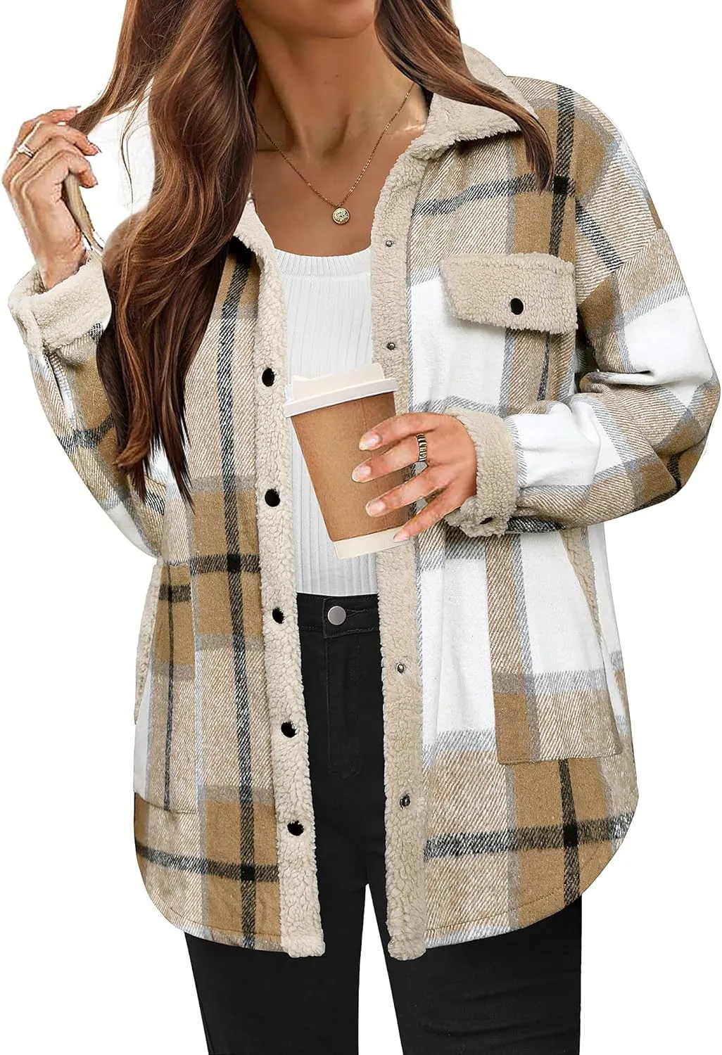 HOTOUCH Womens Fuzzy Fleece Sherpa Shackets Long Sleeve Button Down Flannel Plaid Fall Winter Jacket with Pockets, S Apricot