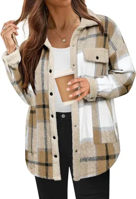 HOTOUCH Womens Fuzzy Fleece Sherpa Shackets Long Sleeve Button Down Flannel Plaid Fall Winter Jacket with Pockets, S Apricot