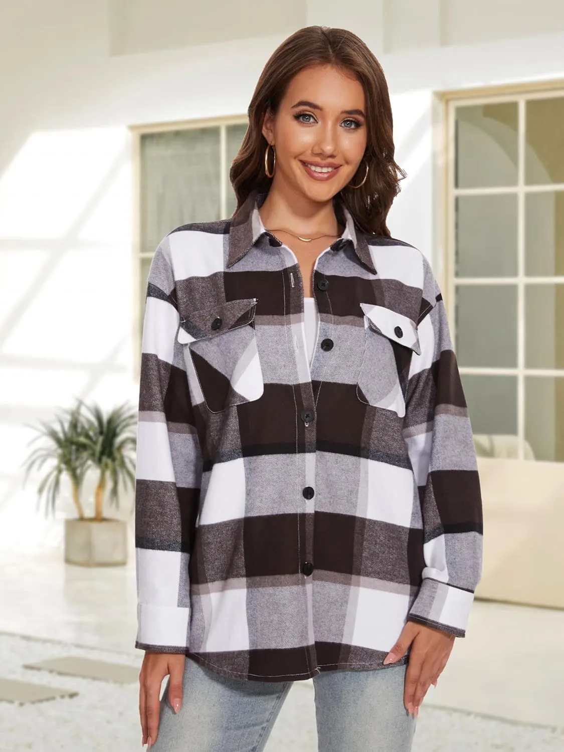 MAGCOMSEN Women's Flannel Plaid Shirts Button Down Long Sleeve Soft Flannel Shacket Loose Fit Casual Blouse Tops