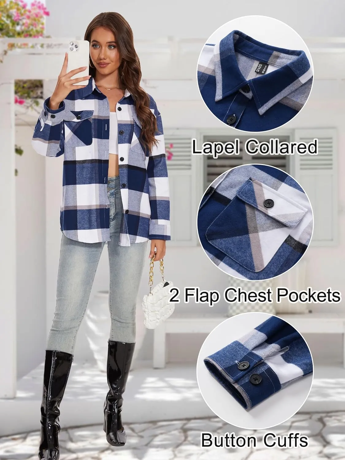 MAGCOMSEN Women's Flannel Plaid Shirts Button Down Long Sleeve Soft Flannel Shacket Loose Fit Casual Blouse Tops
