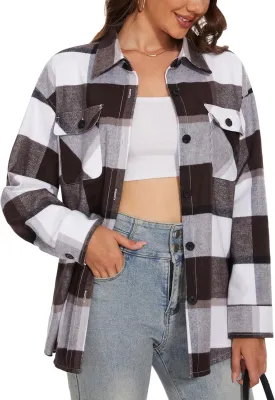 MAGCOMSEN Women's Flannel Plaid Shirts Button Down Long Sleeve Soft Flannel Shacket Loose Fit Casual Blouse Tops