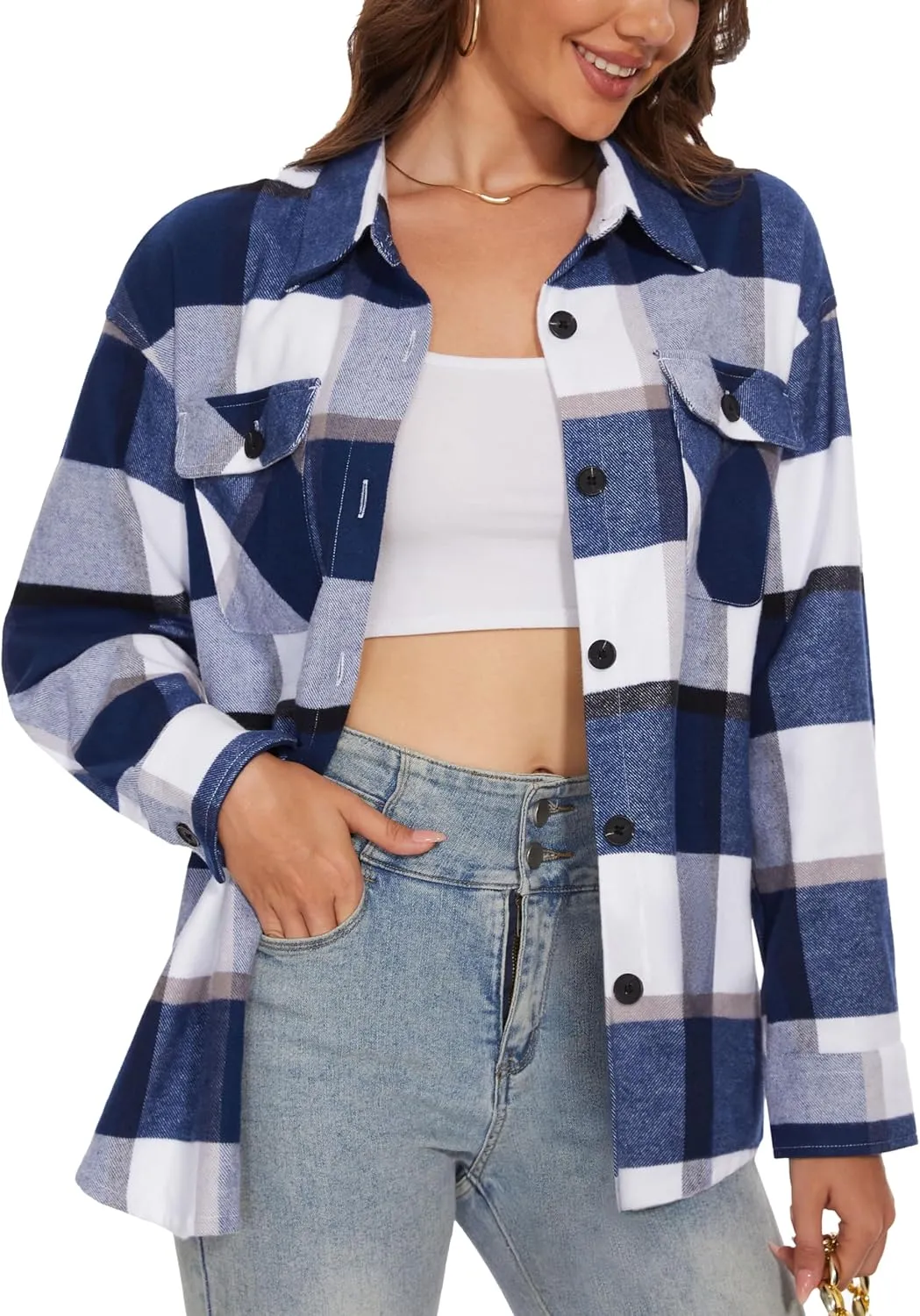 MAGCOMSEN Women's Flannel Plaid Shirts Button Down Long Sleeve Soft Flannel Shacket Loose Fit Casual Blouse Tops
