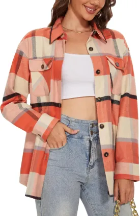 MAGCOMSEN Women's Flannel Plaid Shirts Button Down Long Sleeve Soft Flannel Shacket Loose Fit Casual Blouse Tops