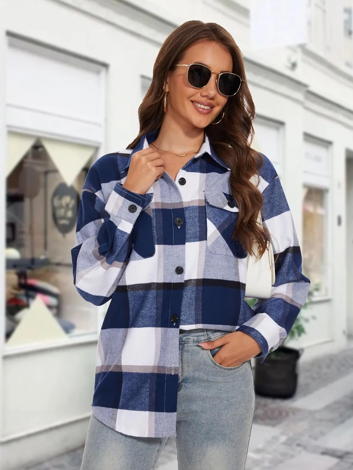MAGCOMSEN Women's Flannel Plaid Shirts Button Down Long Sleeve Soft Flannel Shacket Loose Fit Casual Blouse Tops