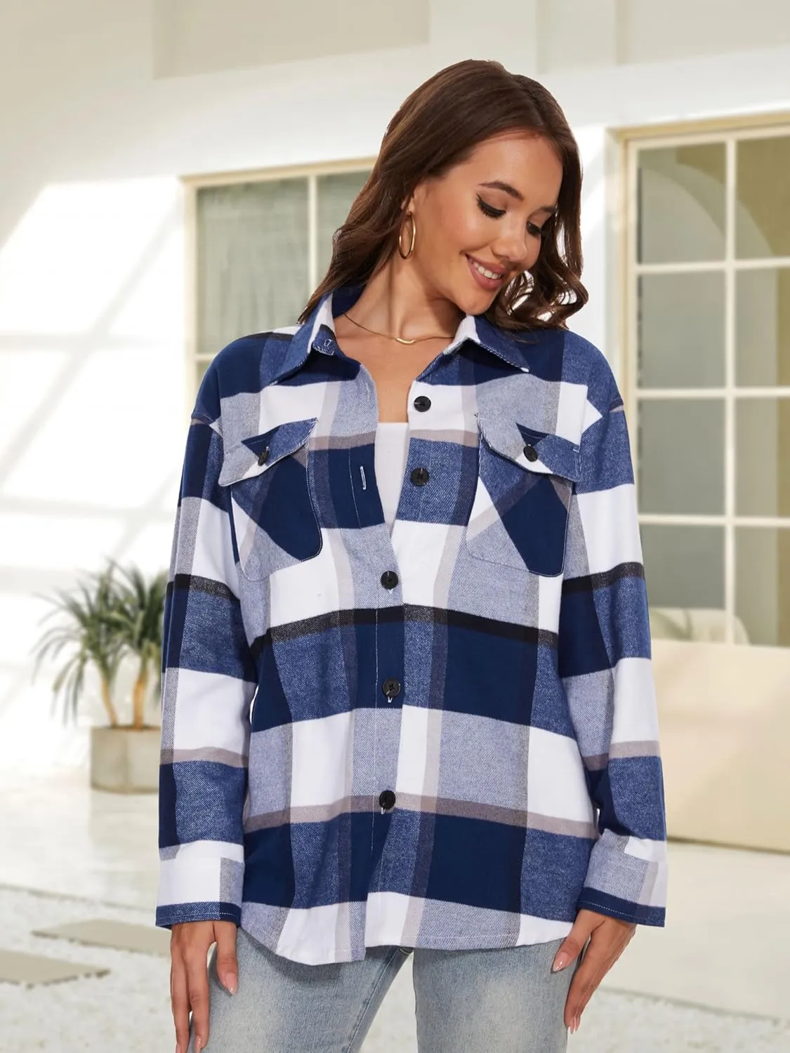 MAGCOMSEN Women's Flannel Plaid Shirts Button Down Long Sleeve Soft Flannel Shacket Loose Fit Casual Blouse Tops