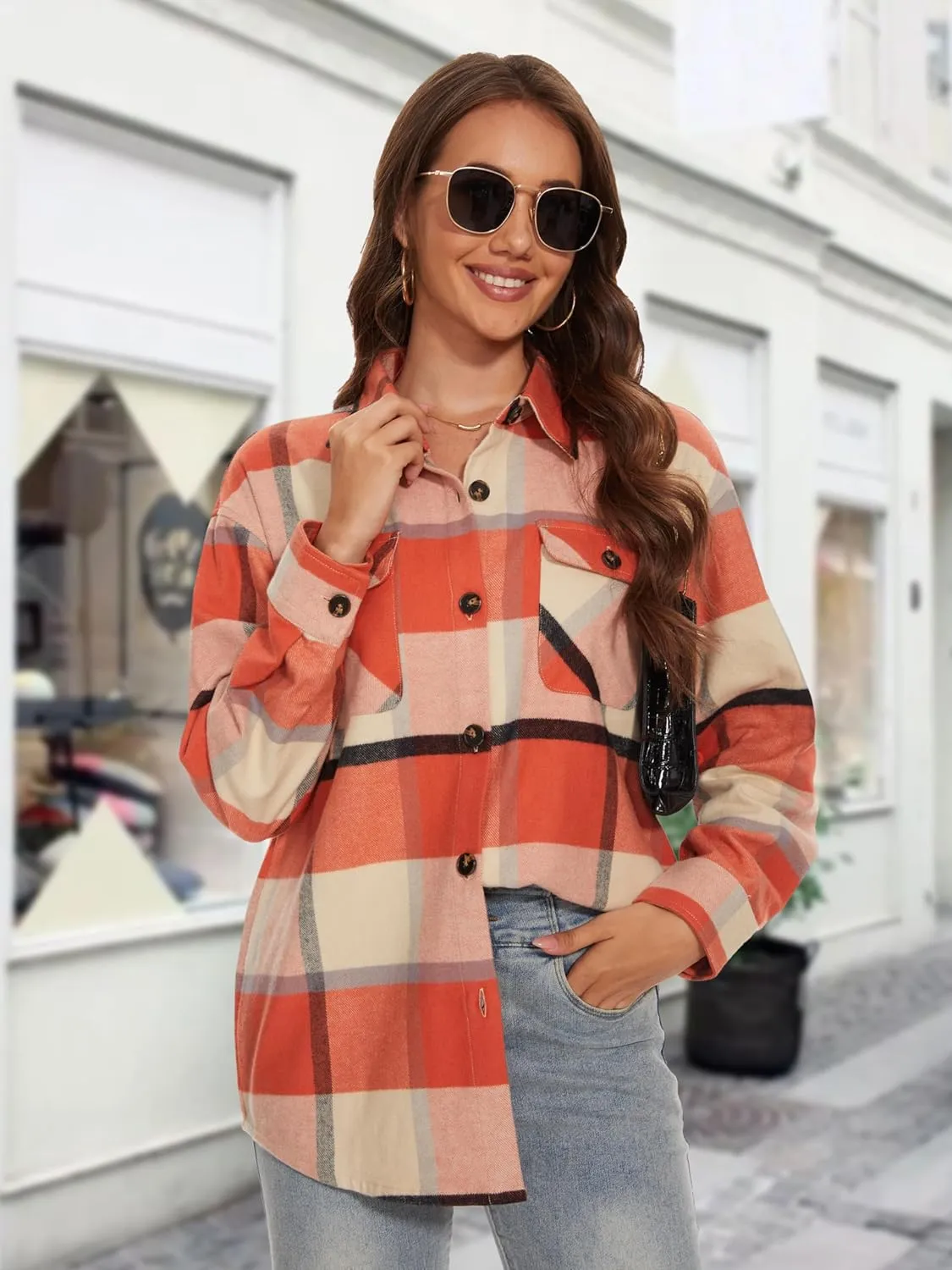 MAGCOMSEN Women's Flannel Plaid Shirts Button Down Long Sleeve Soft Flannel Shacket Loose Fit Casual Blouse Tops