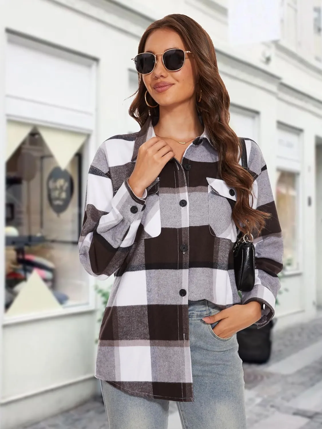 MAGCOMSEN Women's Flannel Plaid Shirts Button Down Long Sleeve Soft Flannel Shacket Loose Fit Casual Blouse Tops
