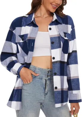 MAGCOMSEN Women's Flannel Plaid Shirts Button Down Long Sleeve Soft Flannel Shacket Loose Fit Casual Blouse Tops