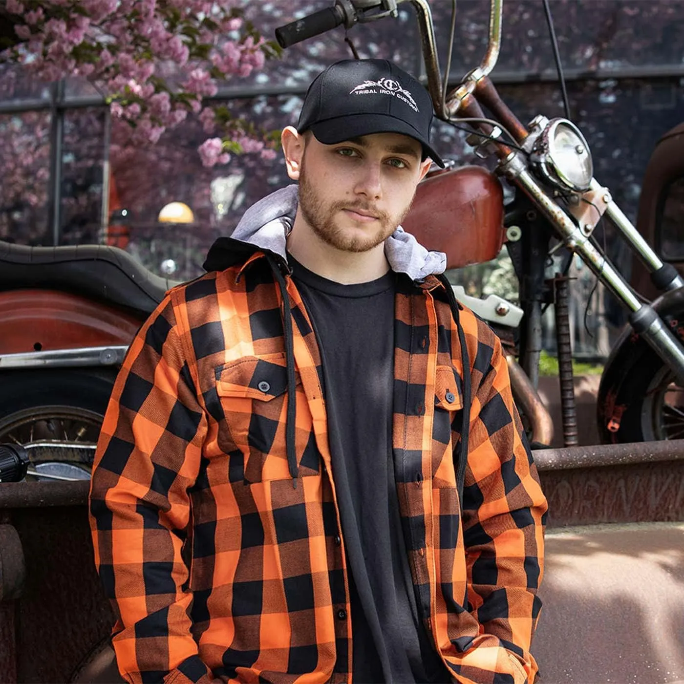 Milwaukee Leather Men's Flannel Plaid Shirt Orange and Black Long Sleeve Cotton Button Down with Hoodie MNG11642
