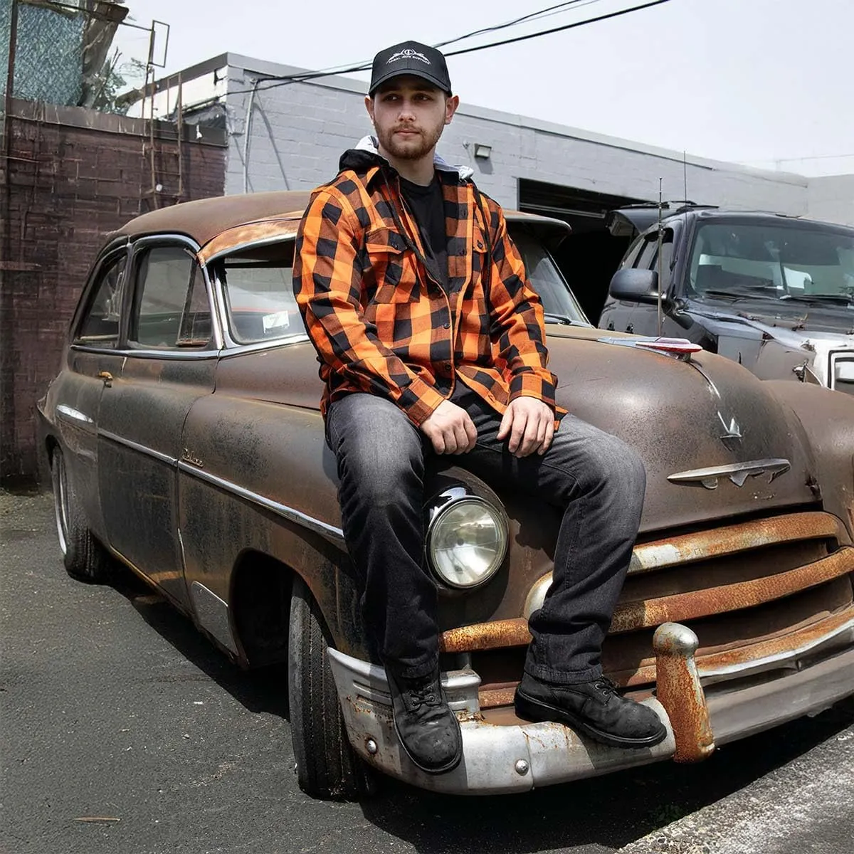 Milwaukee Leather Men's Flannel Plaid Shirt Orange and Black Long Sleeve Cotton Button Down with Hoodie MNG11642