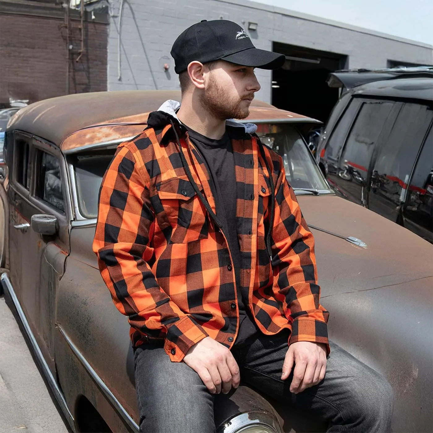 Milwaukee Leather Men's Flannel Plaid Shirt Orange and Black Long Sleeve Cotton Button Down with Hoodie MNG11642