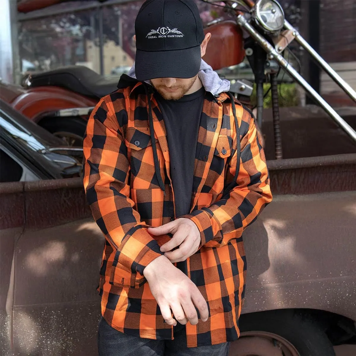 Milwaukee Leather Men's Flannel Plaid Shirt Orange and Black Long Sleeve Cotton Button Down with Hoodie MNG11642