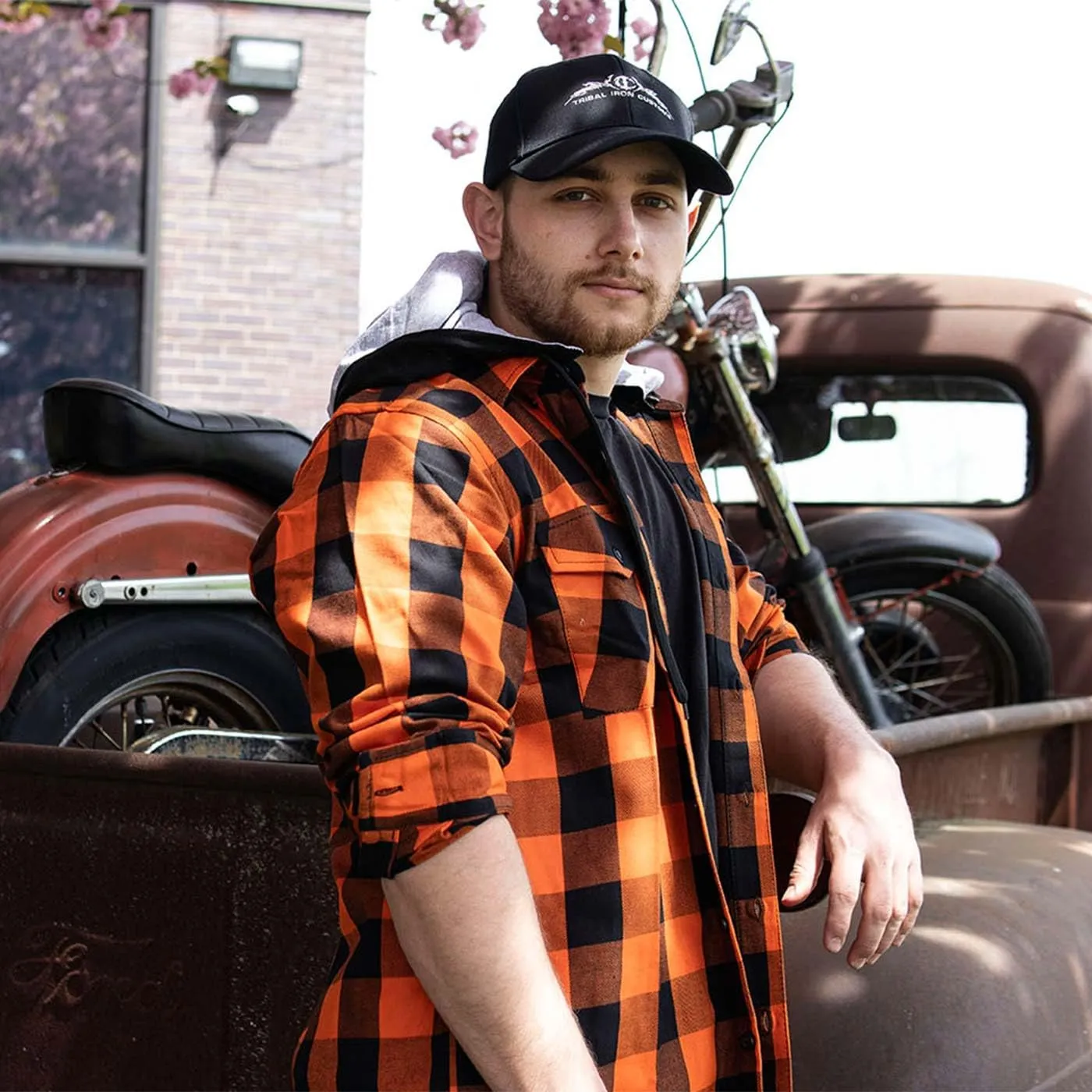 Milwaukee Leather Men's Flannel Plaid Shirt Orange and Black Long Sleeve Cotton Button Down with Hoodie MNG11642